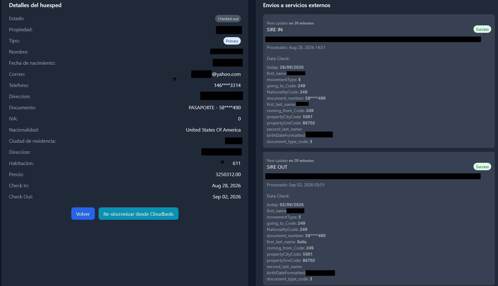 LevelConnect SIRE activity block showing guest processing details