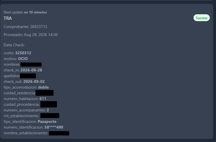 LevelConnect TRA block showing a submission Comprobante ID and submitted data